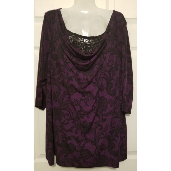 JMS Women's Top Shirt Size 2X Purple & Black Paisley Drape Neckline Lace Insert - Picture 1 of 4